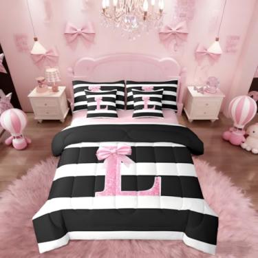 Imagem de Erosebridal Conjunto de edredom infantil, tamanho Queen, com estampa de letra G, laço rosa, 7 peças, monograma, listras, para quarto de meninas, adolescentes e mulheres