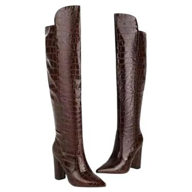 Imagem de Bota Feminina Over the Knee em Couro Croco, Salto Alto 10cm, Cano Longo (Marrom, Padrão, BR, Adulto, Numérico, 36)