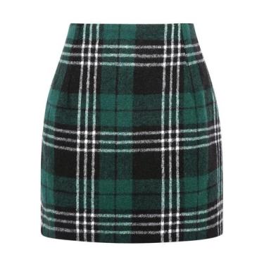 Imagem de Mini saia IDEALSANXUN outono-inverno xadrez de lã verde para mulheres