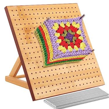 Imagem de Placa de bloqueio de crochê de madeira com 20 pinos tapete de bloqueio quadrado de bambu suporte ajustável para lenço de tricô (25 cm/9,8 pol.)