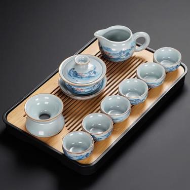 Imagem de Conjunto de chá com bandeja projetada para adultos, conjunto de chá de porcelana esmaltado em forno (com 6 xícaras de chá e 1 bule de chá), conjunto de chá chinês exclusivo projetado para adultos