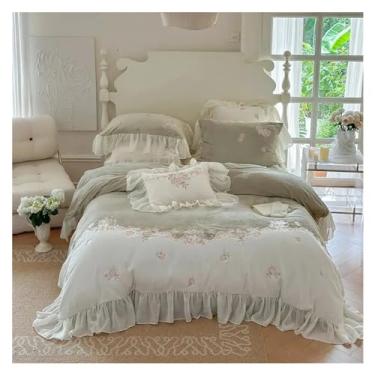 Imagem de Conjunto de cama romântico com babados de renda francesa, bordado de flores rosas, felpudo, quente, veludo, veludo, capa de edredom (lençol com elástico verde ESTILO_KING)