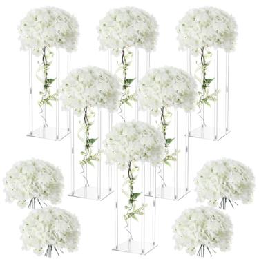 Imagem de Geetery 6 peças de vaso de acrílico alto centro de mesa de centro de mesa transparente elegante com 50 peças de flores artificiais de hortênsia para decoração de mesa de festa de casamento (71 cm)