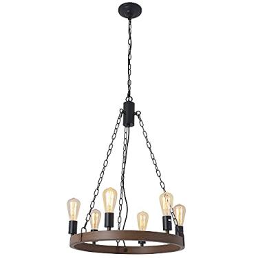 Imagem de YQSLQZZ Lustre de sala de jantar vintage americano, luminária pendente industrial anel de 20,5 polegadas, altura ajustável, 6 luzes de teto para ilha de cozinha, para sala de estar e café