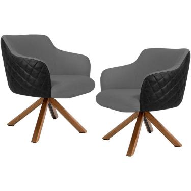 Imagem de Kit 02 Poltronas Base Giratória Madeira Jade D02 Linho Cinza C-416 Tressê Corano Preto - Lyam Decor