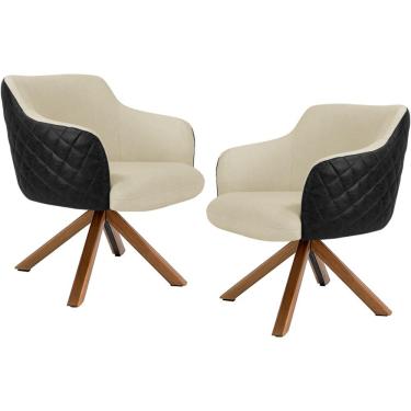 Imagem de Kit 02 Poltronas Base Giratória Madeira Jade D02 Linho Bege C-129 Tressê Corano Preto - Lyam Decor