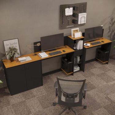 Imagem de Conjunto De Escritório Tech 1 Livreiro 1 Buffet E 2 Mesas 90 - Preto E Cedro Preto E Cedro