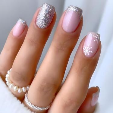 Imagem de Pregos postiços quadrados quadrados de Natal, pregos postiços, purpurina, purpurina, ponta francesa, cola, brilhante, unhas postiças rosa com desenhos de floco de neve branco para mulheres, 24 peças