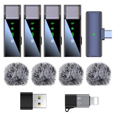 Imagem de ZERFUN 4 microfones de lapela sem fio para iPhone, Android, PC, sistema de microfone de lapela profissional com USB-C/Lightning, 48 kHz 24 bits, cancelamento de ruído, reverberação para gravação de