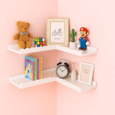 Imagem de Kathfly 2 conjuntos de prateleiras de canto flutuantes recortadas, prateleira de armazenamento de canto de madeira branca em forma de L para berçário, quarto, sala de estar, banheiro, cozinha