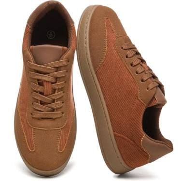 Imagem de Witwatia Tênis feminino casual de camurça e veludo cotelê com cadarço moderno tênis de caminhada antiderrapante com palmilha de espuma viscoelástica, Marrom, 37