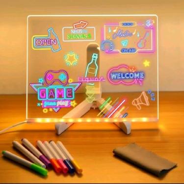 Imagem de Quadro Lousa Luminoso em Acrílico com Led – Mensagens e Desenhos que Brilham- Presentes Para Crianças Com Canetas Apagavel USB e Base Ajustável
