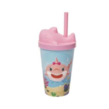 Imagem de Copo Infantil Personalizado de Canudo com Tampa 3d animais divertidos MARINE-ROSA BEBE 350ml