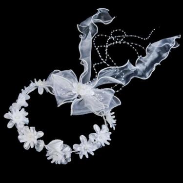 Imagem de Delicate Dew Faixa de cabeça com laço de cristal para meninas First Communion Holy Veil White Flower Wreath (laço)