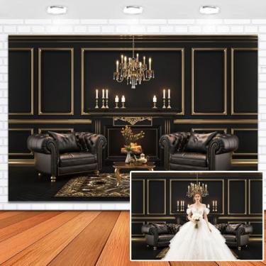 Imagem de Leowefowa Ótimo pano de fundo preto e dourado 3 x 2,4 m vinil luxuoso lustre de couro sofá fotografia fundo 20 tapetes vintage quarto interior festa de aniversário decoração de cabine de fotos