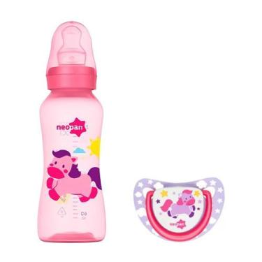 Imagem de Kit Chupeta + Mamadeira Criativa Ort 300ml F2 Rosa Unicornio - Neopan