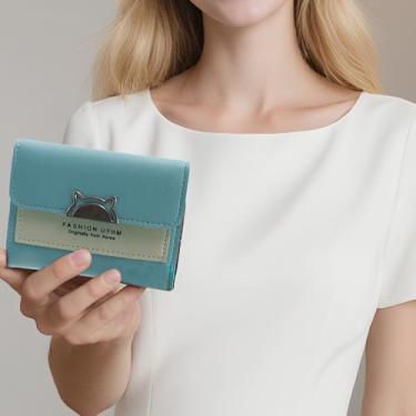 Imagem de Carteira feminina pequena com vários compartimentos e janela de identificação para cartões, fotos, 12,7 x 9,7 x 1 cm, carteiras de couro PU para mulheres, impressão de letras (azul), Azul, Fresco