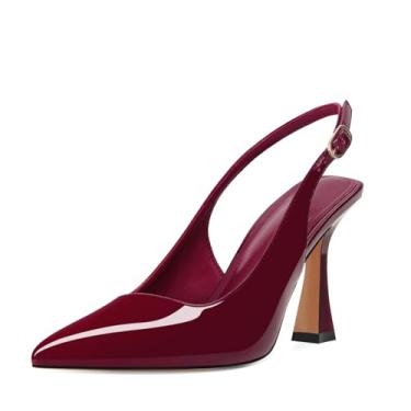 Imagem de ZJGZF Salto gatinho slingback feminino bico fino vintage stiletto sexy scarpin fivela tiras slip on flare sandálias de salto alto trabalho sapatos elegantes, Couro envernizado bordô, 38