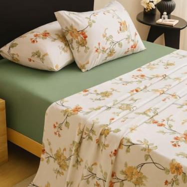 Imagem de Jogo de Lençol 4 Peças Percal 400 Fios Toque Macio Cama Casal Luxo Premium(Floral Verde,Super King)