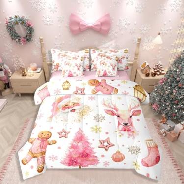 Imagem de Conjunto de edredom de árvore de Natal rosa com lençóis, rosa, Papai Noel, rena, fofo, Queen, para meninos, meninas, Natal, inverno, floco de neve, 7 peças, conjunto de cama em um saco, aquarela e