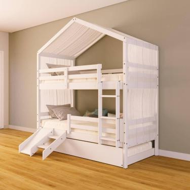 Imagem de Treliche Solteiro Casinha Cortina e Kit Escada/Escorregador Grade Proteção Madeira Maciça Branco Megamobilia