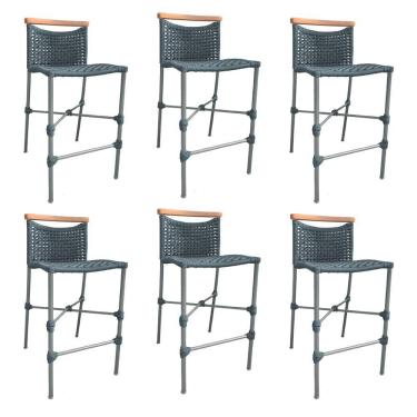 Imagem de Kit 6 Banquetas Em Corda Náutica Base Em Alumínio Cinza Com Detalhe Em Madeira Cinza Cinza