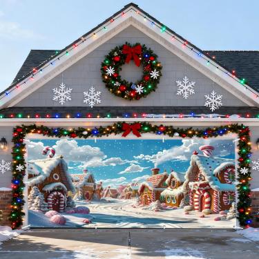 Imagem de Pnylzzyxh Capa de porta de garagem de Natal Candyland Village Banner Decorações de conto de fadas Snowhouse Bengala doce aniversário ao ar livre 2 carro pano de fundo doce desenho animado férias