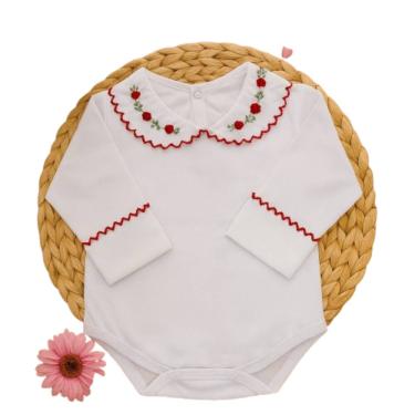 Imagem de Body Para Bebê Meninas Luxo Algodão Manga Longa Gola Bordada