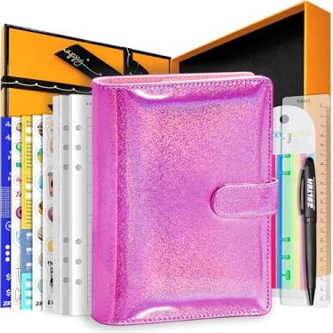 Imagem de Agenda de caderno pessoal de couro PU com 67 páginas, papéis de folhas soltas, 6 furos, suporte de caneta, fivela magnética (glitter magenta, caixa de presente A5)