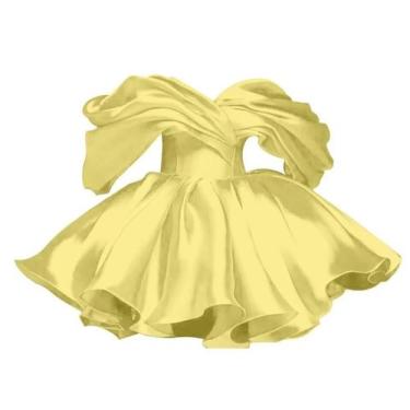 Imagem de Vestido de boas-vindas Morbore Off Shoulder com babado de cetim amarel