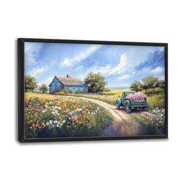 Imagem de Flintis Grande fazenda celeiro emoldurado arte de parede país verde caminhão flores imagens decoração de parede pintura abstrata tela impressão obras de arte decoração emoldurada para sala de estar