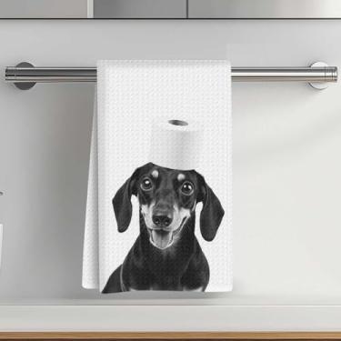 Imagem de Toalhas de cozinha divertidas de papel higiênico e dachshund 35 x 61 cm, toalha de prato decorativa de microfibra absorvente, toalhas de mão de waffle para cozinha, casa, banheiro, presentes para