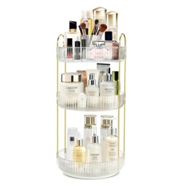 Imagem de Fzebys Organizador de maquiagem giratório, organizador de perfume. Organizador de maquiagem. Exibição de armazenamento de cosméticos de 3 níveis, organizador de bancada de banheiro (novo-branco 22, 3