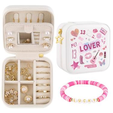 Imagem de Trinchic Estojo de joias de viagem, pequena caixa de joias com pulseira da amizade, presente Taylor Merch para meninas, filha, sobrinha, amigas, presente de aniversário de formatura, rosa