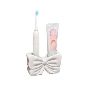 Imagem de Suporte criativo de escova de dentes de cerâmica com design de laço rosa - Pasta de dente elegante e organizador de escova de dentes elétrica para bancada de banheiro e chuveiro - Armazenamento