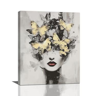 Imagem de Arte de parede feminina borboleta dourada preto e branco decoração de parede moderna cinza estética imagens pinturas impressões obras de arte decorações emolduradas para salão de beleza spa banheiro