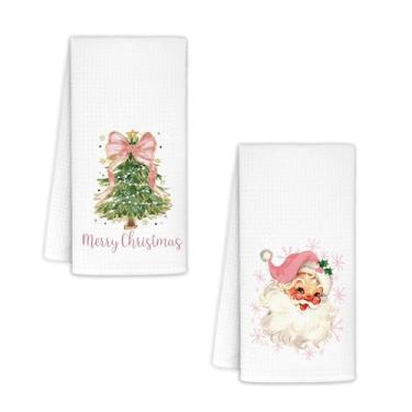 Imagem de Yhtrg Toalhas de cozinha de Papai Noel rosa de Natal 40,6 x 61 cm, toalhas de mão de árvore de Natal com laço rosa para decoração de banheiro, floco de neve de inverno, toalha de chá para decoração de