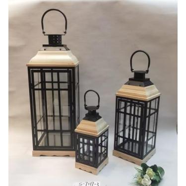 Imagem de Conjunto de 3 lanternas decorativas altas grandes de metal preto para decoração de casa de fazenda moderna para interior, exterior, mesa, varanda (com vidro)