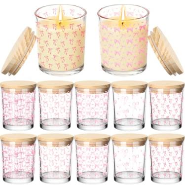 Imagem de Ziliny 10 potes de vela de vidro de Natal com laço rosa, recipientes vazios, frascos de vidro de 200 ml com tampas de cortiça, latas para fazer velas de Natal, guardar biscoitos, lembrancinhas de chá