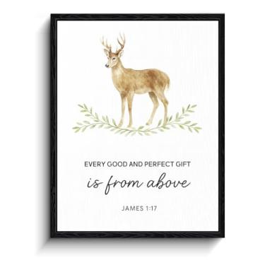 Imagem de Aquarela veado com folhas, decoração de parede com versículos bíblicos, pôster cristão James 1:17, arte de parede emoldurada fosca para berçário ou sala de estar, presente para batismo de bebê, 20 x