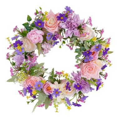 Imagem de Guirlanda de mola de 46 cm (46 cm), flores de seda branca, vegetação realista para porta da frente, ideal para ambientes internos e externos