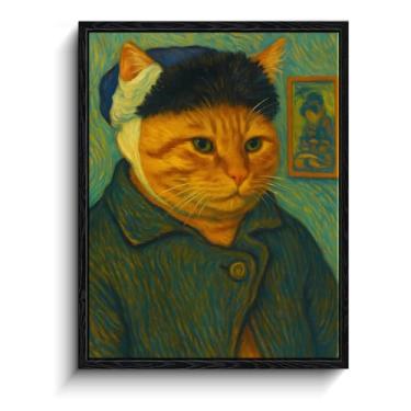 Imagem de CYFDYVT Arte engraçada de parede de gato, 20 x 25 cm, chapéu de palha Van Gogh inspirado em autorretrato, impressão de arte texturizada com estampa laranja para sala de estar, quarto, decoração de