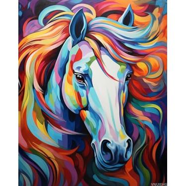 Imagem de VNUIEHG Conjunto de pintura em tela Paint by Numbers, cavalo animal colorido, kits de pintura para adultos DIY por números em tela, pintura de desenho com pincéis, 40 x 50 cm
