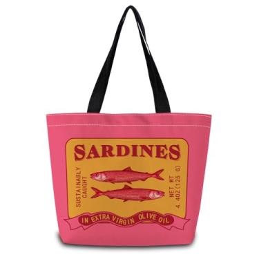 Imagem de ZhuVantrix Sacola de lata de sardinha rosa linda bolsa de ombro estética de compras com bolso interno com zíper leve e lavável, elegante sardinha rosa pode presente para mulheres amigas