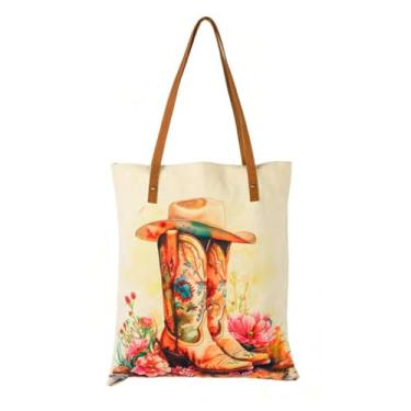 Imagem de COTT N CURLS Bolsa Bronco, 66 x 38 - Acessórios ocidentais para mulheres, tela impressa em aquarela, alça de couro, bolsa de verão cowgirl, roupas de concerto country para mulheres, moda ocidental