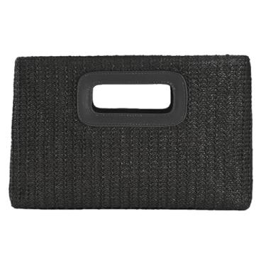 Imagem de Bolsa feminina com alça superior e corrente transversal 2025 verão ráfia palha clutch praia férias noite bolsa quadrada, Preto, 29 x 5 x 19 cm (11.3 x 2 x 7.5 inches)
