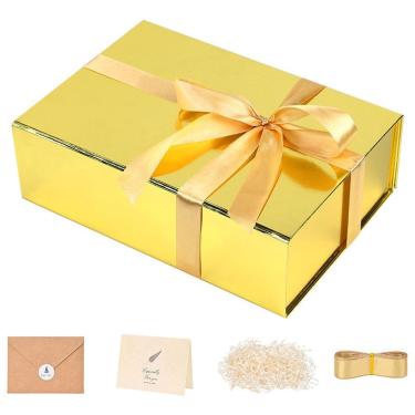 Imagem de Caixa de presente de papelão dourado com fita e acessórios 20x18x9cm