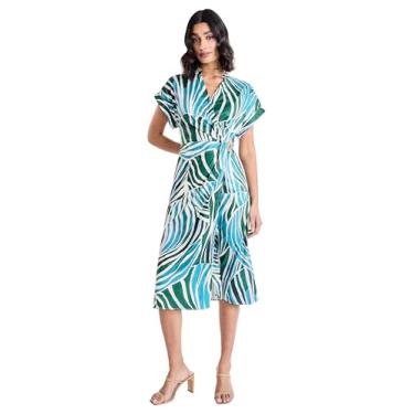 Imagem de Maggy London Vestido feminino de manga curta com decote em V - Vestido casual de verão de comprimento médio para férias, Creme/azul-petróleo, 34