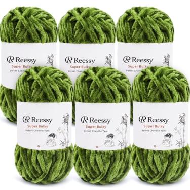 Imagem de Reessy Pacote de fios de chenille de veludo – 6 novelos × 100 g super volumosos (CYC #6) – Veludo macio grosso para crochê e tricô, fio de chenille fofo para cobertores, cachecóis e artesanato (verde
