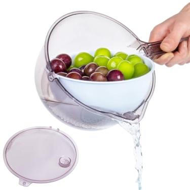 Imagem de Ferramenta de cozinha 3 em 1: funciona como coador de arroz, tigela de lavagem de frutas com filtro, colher de água. Material PET + PP, cesta interna rotativa para facilitar a drenagem, ideal para